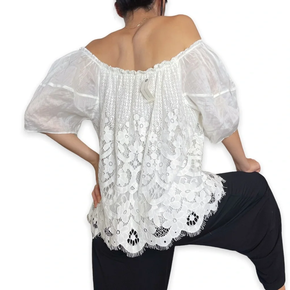 NWT Anthroplogie Moulinette Soeurs Messina White Puffsleeve Lace Top Size L - Picture 3 of 16